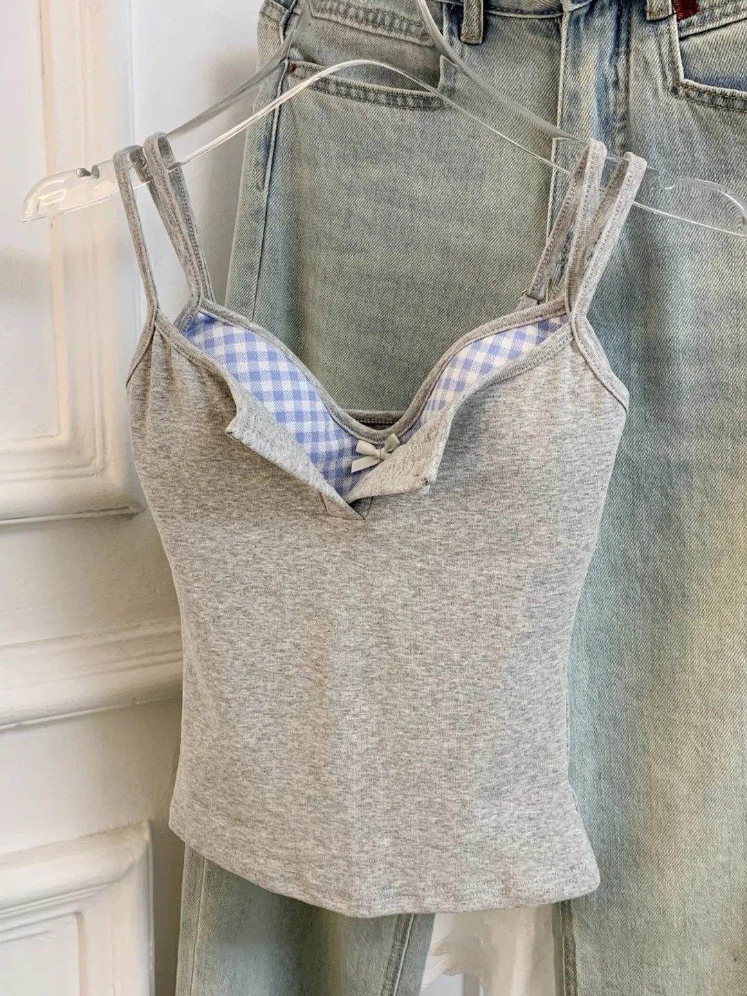 Pure Desire Plaid Bralette  Strap Two-Piece Set Women Early Autumn Sexy Slimming Chest Pad Integrated Vest Top