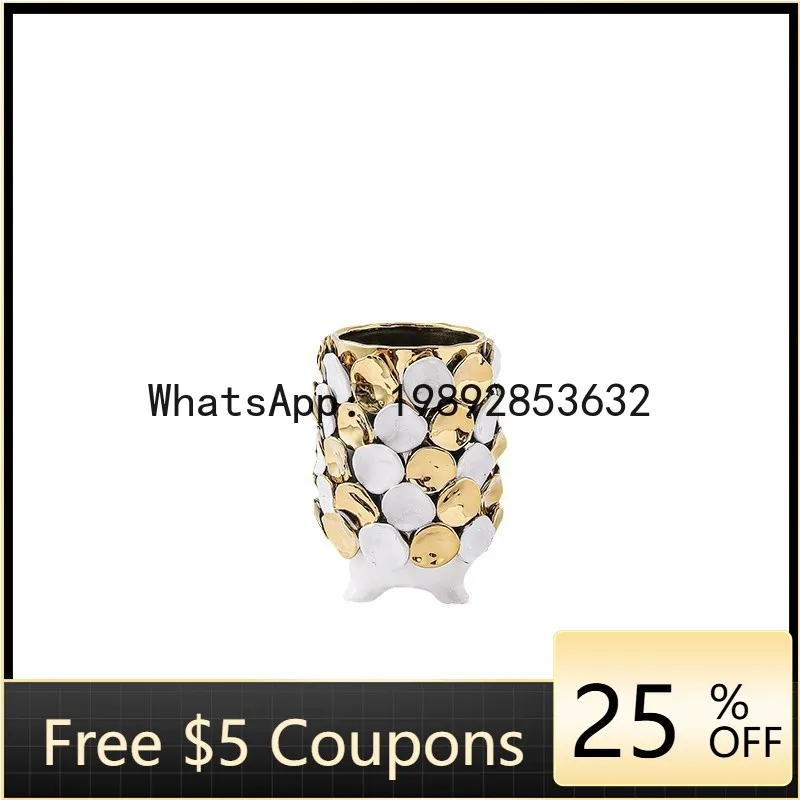 Ceramic Vase Geometric Gold Leaf Relief Electroplated Gold Hand Applique Flower Vase Flower Pot Home Decoration Accessories