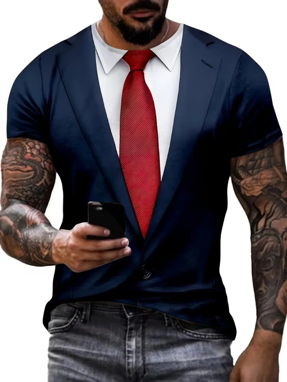 Gefälschte Anzug Muster T-Shirt männer Cosplay 3D Gedruckt T-Shirts Lustige Lebensechte Fliege Mode Straße Männer Oversize Kurzarm Top – Detail 6