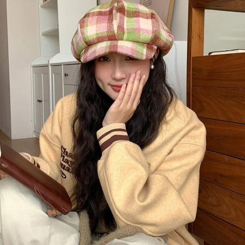 Japanese Retro New Plaid Octagonal Beret Women's Autumn and Winter Warm Big-headed Woolen Painter Newsboy Hat Boina Casquette