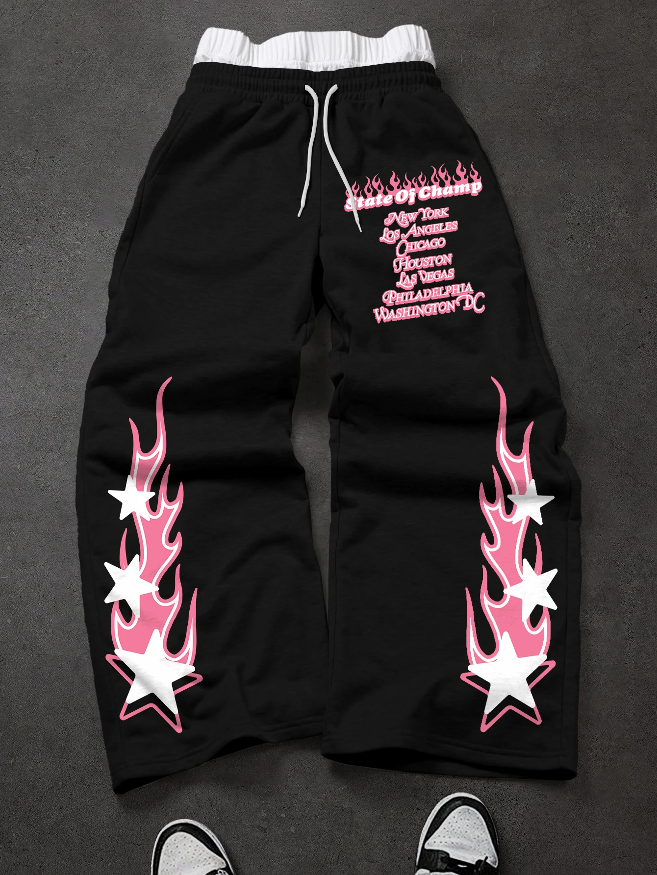 Men's Pink Flame Star City Letter Print Wide Leg Sweatpants Polyester S-2XL Loose Y2K Streetwear Drawstring Casual Trousers