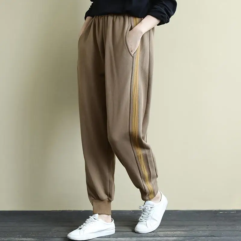 

Casual Loose Harlan Pants Elastic Waist Side Color Block Splicing Artistic Style Spring Autumn New Arrival Wide Leg Trousers