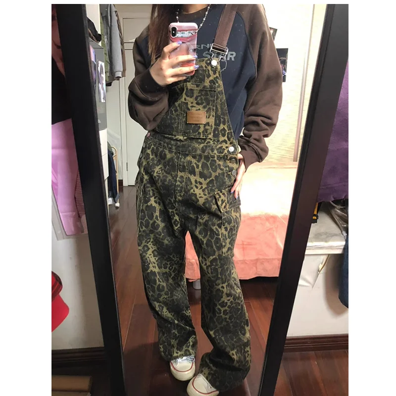 Overalls Pants Women's Suspender Jeans Spring Plus Size Streetwear Baggy Pants Vintage Leopard Print Mom Denim Braces Trouser