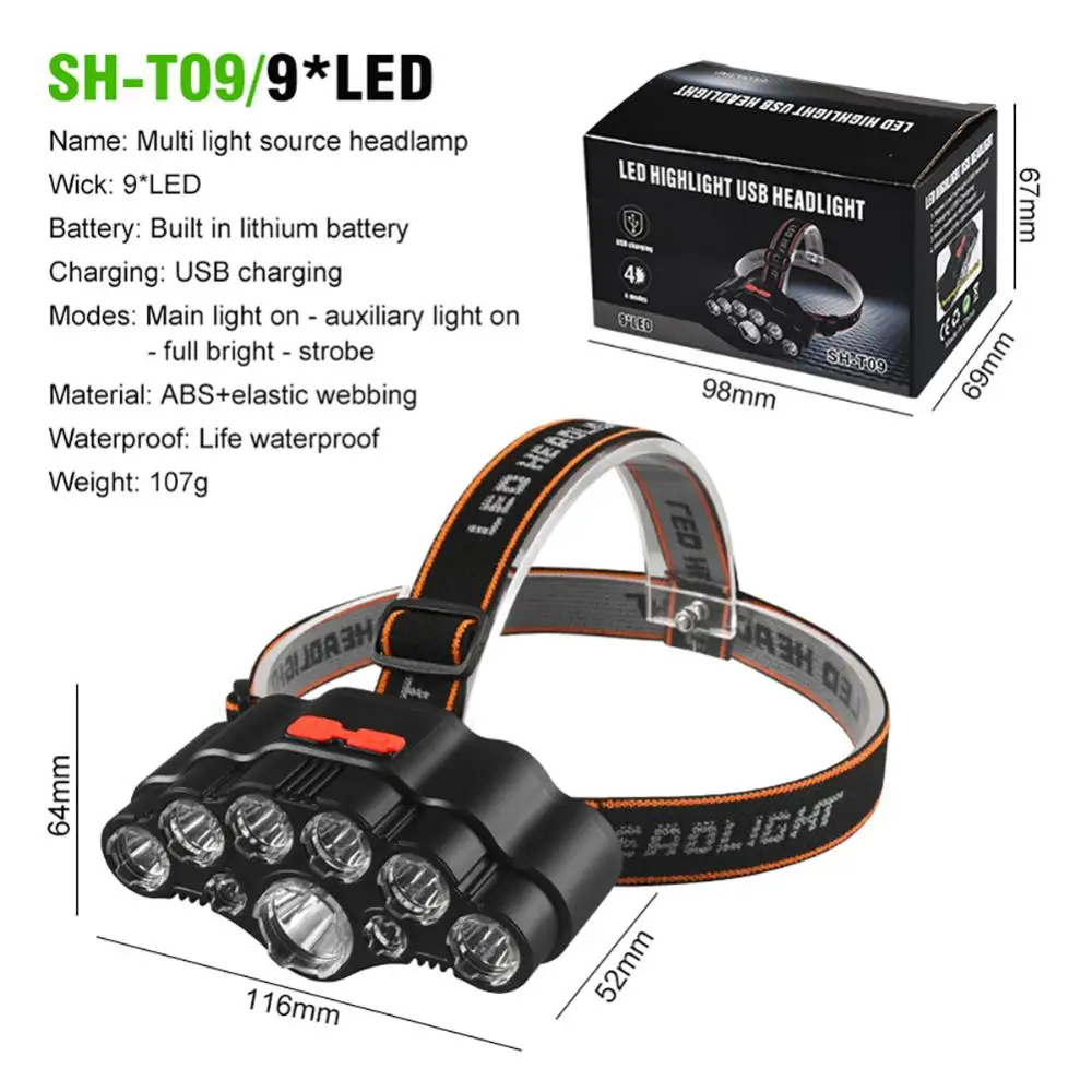 Linterna de cabeza Led ajustable, lámpara de emergencia impermeable, recargable por Usb, con batería integrada, 8 Led, 6 Led