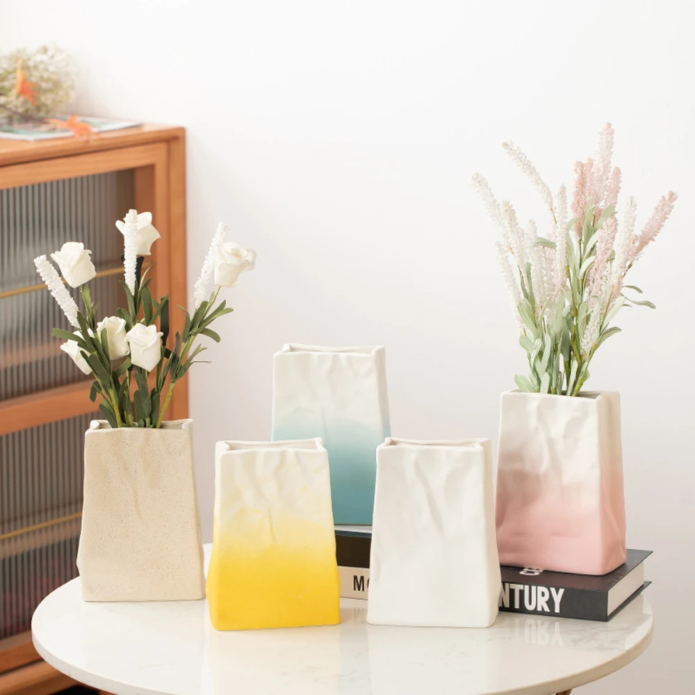 Creative Paper‑Bag Shaped Ceramic Vase Wrinkle Textured Gradient Pink‑White Matte Flower Vase Artistic Desktop Ornament