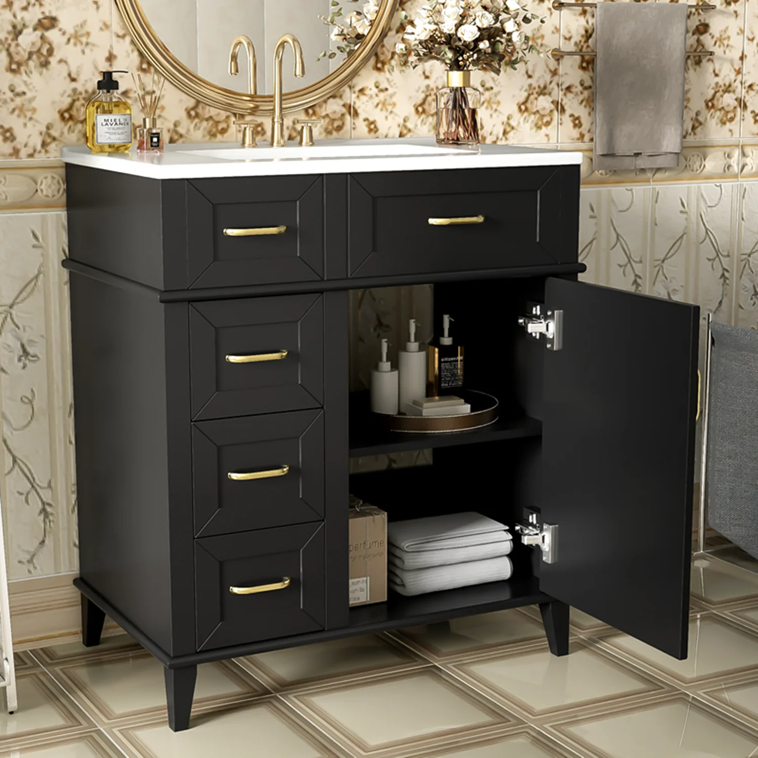 30-Inch Bathroom Vanity with Ceramic Sink, Adjustable Shelf, Soft Close Door, and Three Soft Close Drawers