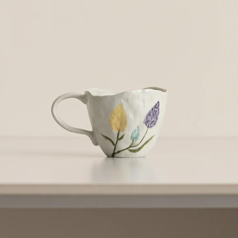 2026 Hand Drawn Tulip Mug, High-value Artistic Retro Style Coffee Cup, Korean Style Irregular Handmade Specialty Drinking Cup