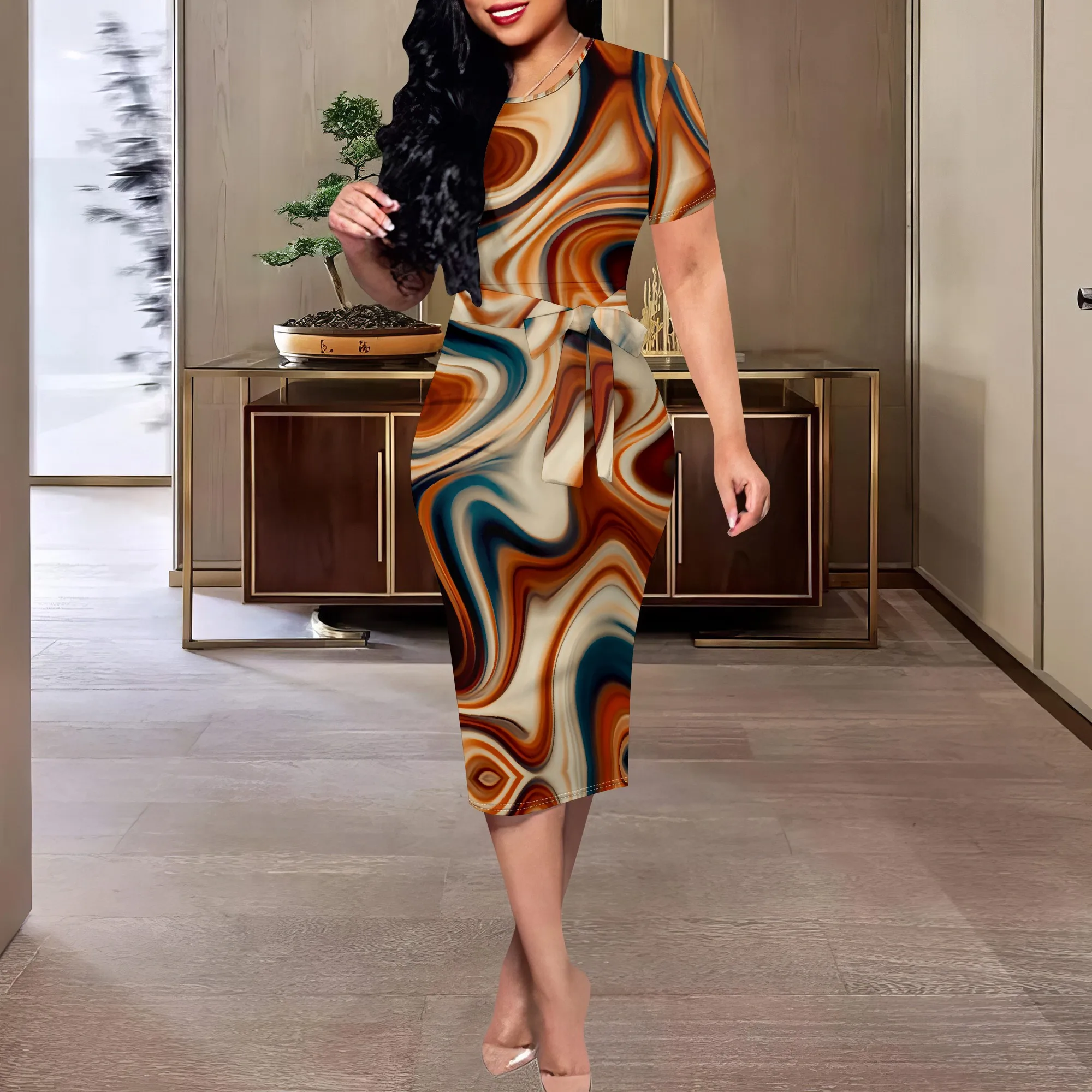 

Abstract Swirl Print Midi Dress XS-3XL Short Sleeve Belted Bodycon Style for Summer Brunch, Art Gallery or Urban Casual Look