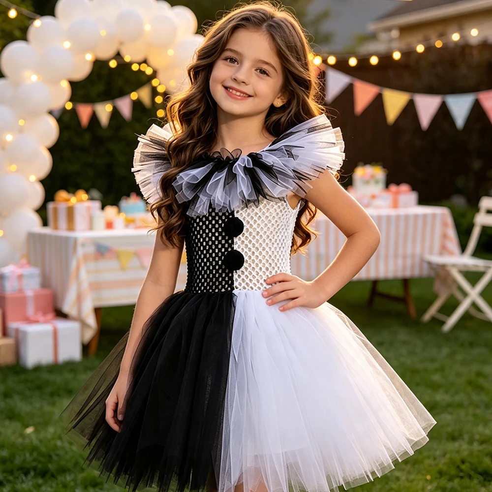 Mädchen Halloween Clown Kostüm Kleid Kinder Schwarz Weiß Gruseliger Clown Kleid mit Hut Socken Handschuhen Set Karneval Cosplay Party Outfit – Detail 12