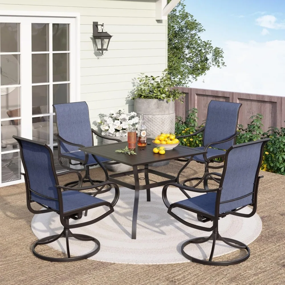 

5 PCS Outdoor Patio Dining Set with Swivel Dining Chairs (Blue) and 37"x 37" Metal Steel Dining Table(1.57" Umbrella Hole), All
