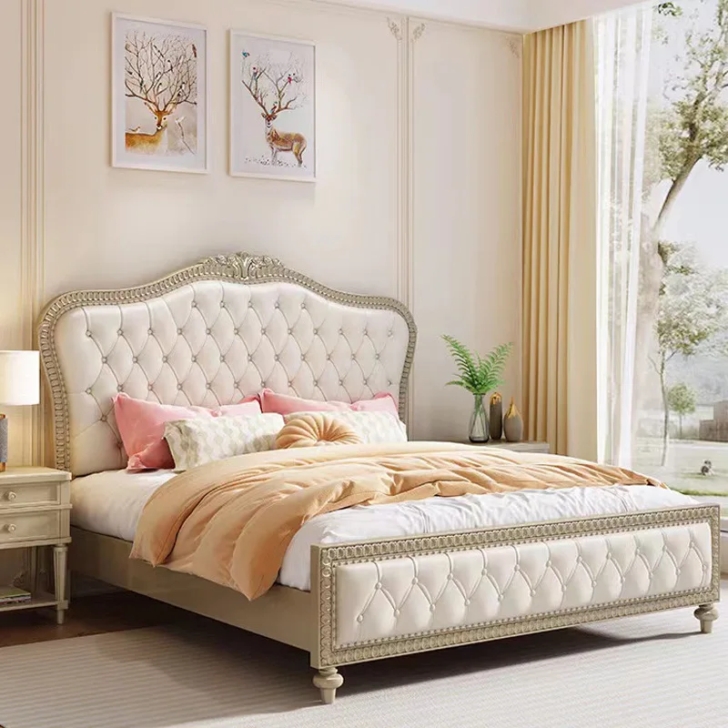 American light luxury simple European bed, solid wood fabric princess double bed leather wedding bed master bedroom simple