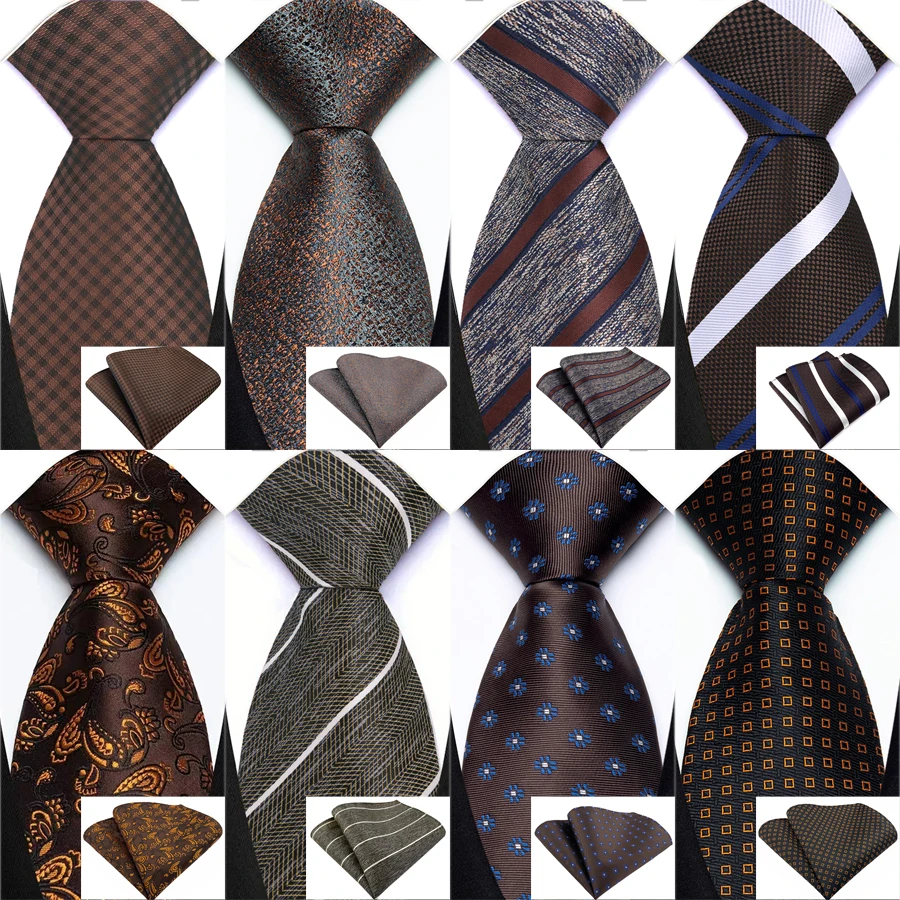 Brown Striped Paisley Mens Ties Set Dot 8cm Jacquard Necktie Handkerchief Set Accessories Daily Wear Cravat Wedding Party Gift