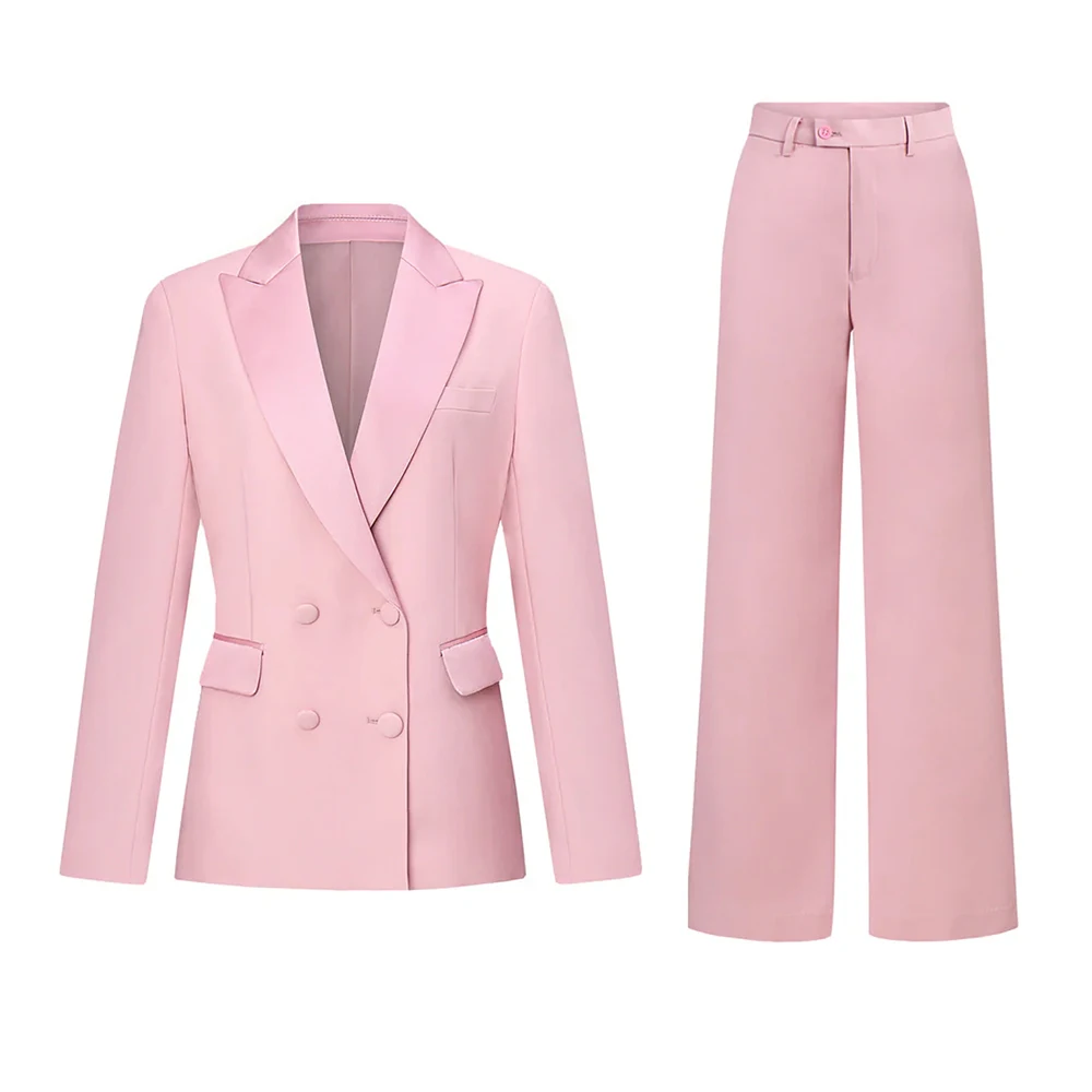 

2PC Pink Women's Suit Peaked Lapel Double Breasted Long Sleeves Suit Jacket Office Lady Pants Set for Business