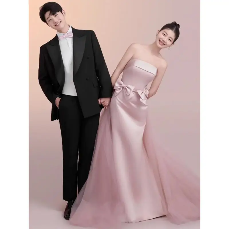 Light Wedding Dress Satin Simple Strapless Bow Sleeveless Fishtail Skirt Niche High-end Banquet Dress For Women Customized