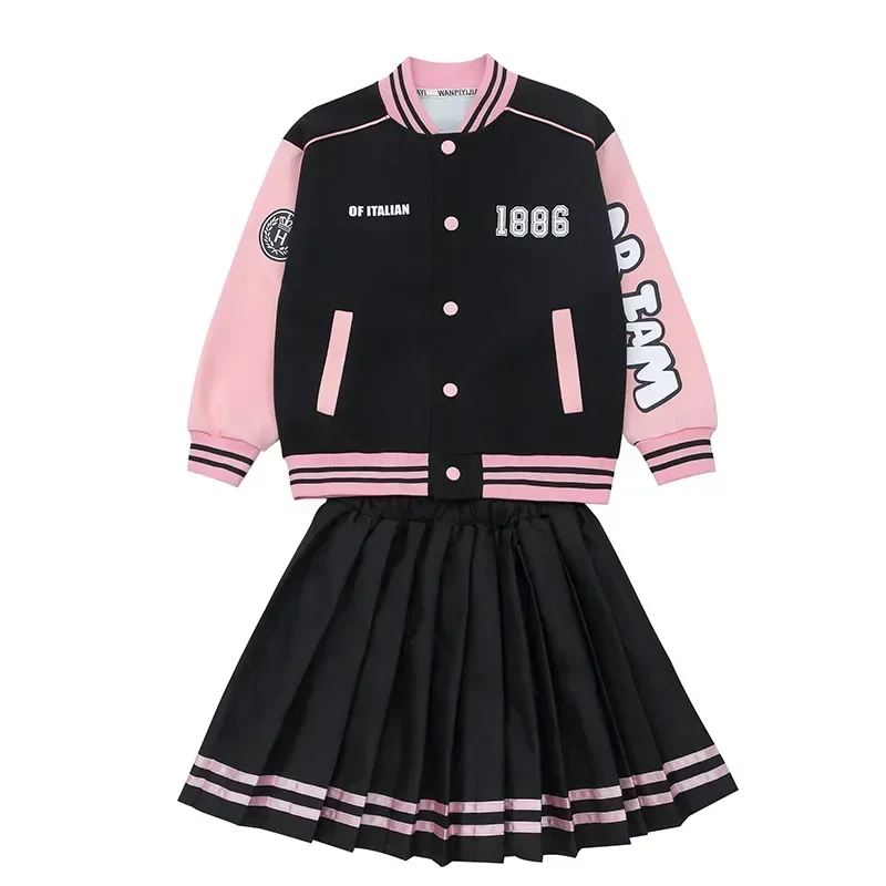 Autumn Children Girl Clothes Baseball Jacket Uniform Coat and Pleated Skirt 2pcs Letter Suit Teenage Contrast Striped Sets