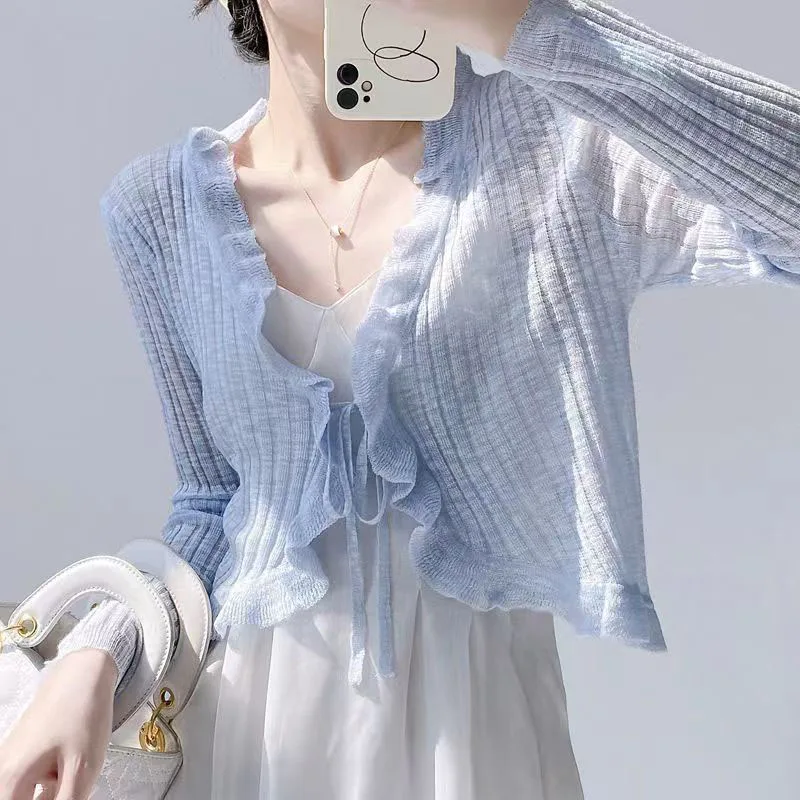 

2024 Women Summer Sun Protection Coat Fashion Lace Up Ruffle Thin Knit Cardigan Female Candy Colors Sweet All-Match Crop Tops