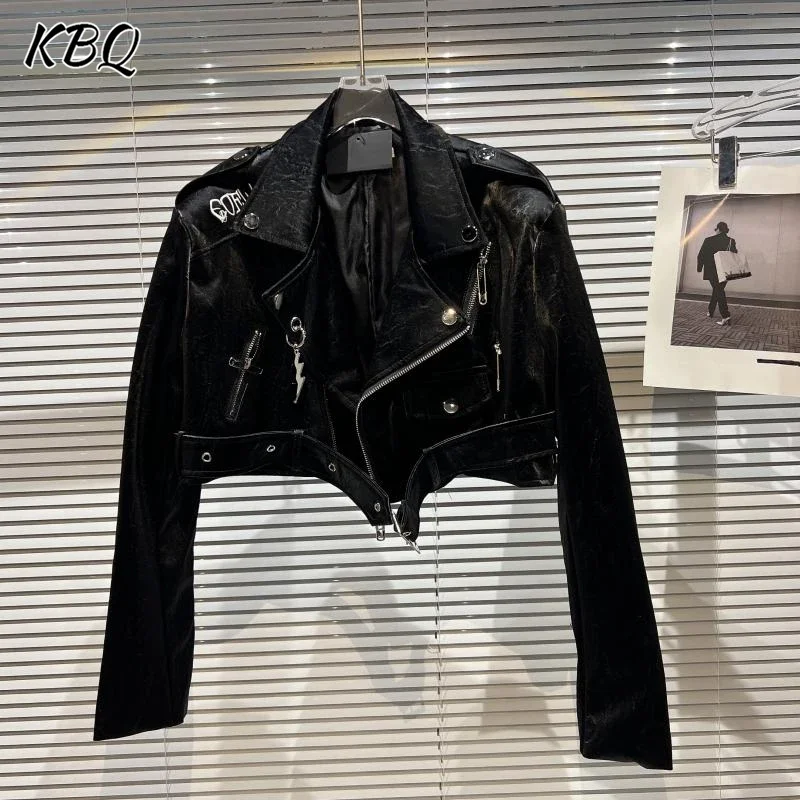 KBQ Embroidery Solid Spliced Zipper Jackets For Women Lapel Long Sleeve Design Sense Litchi Skin Shiny Surface Short Coat Female