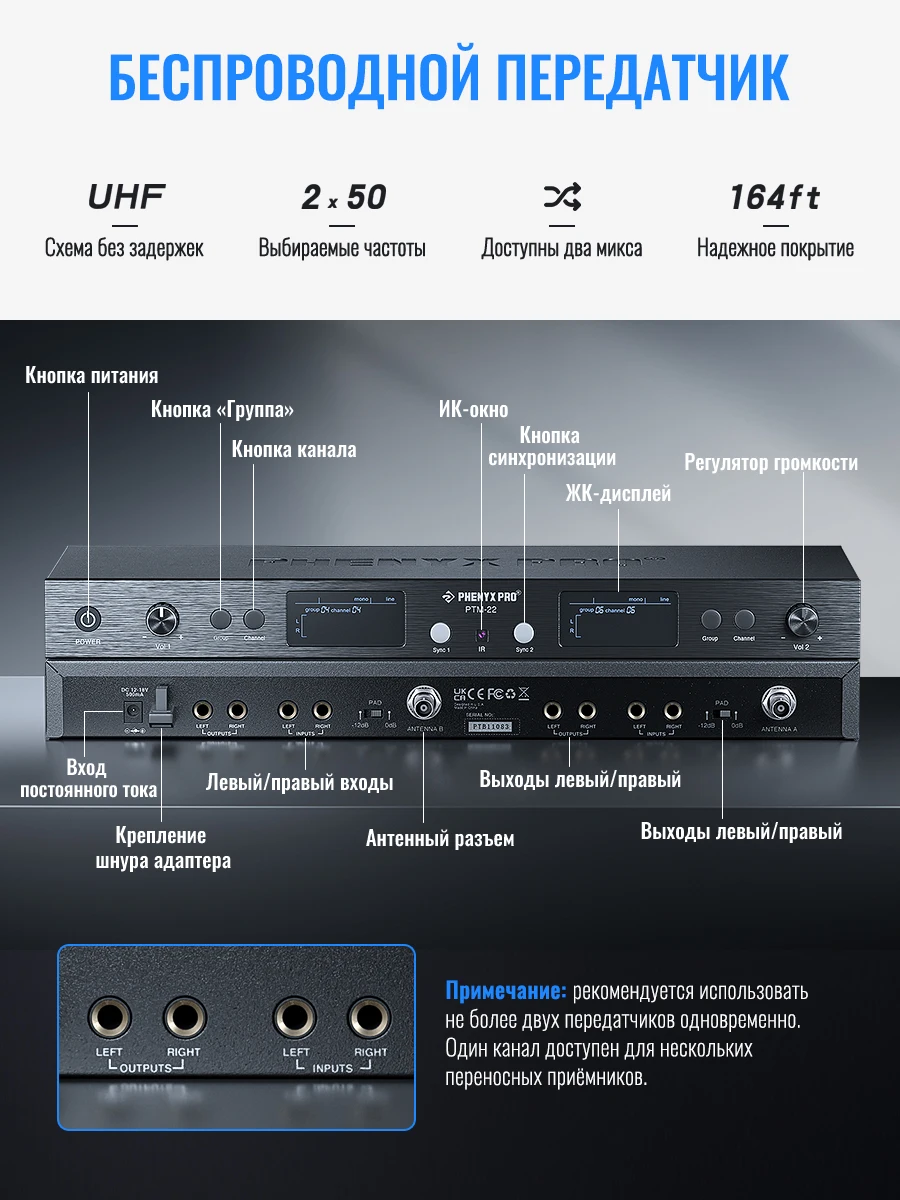 Phenyx Pro PTM-22 UHF Mono Dual In-Ear-Monitor Wireless System mit Rackmount Kit Links/Rechts Ausgänge 2X50 Frequencies500/900MHz