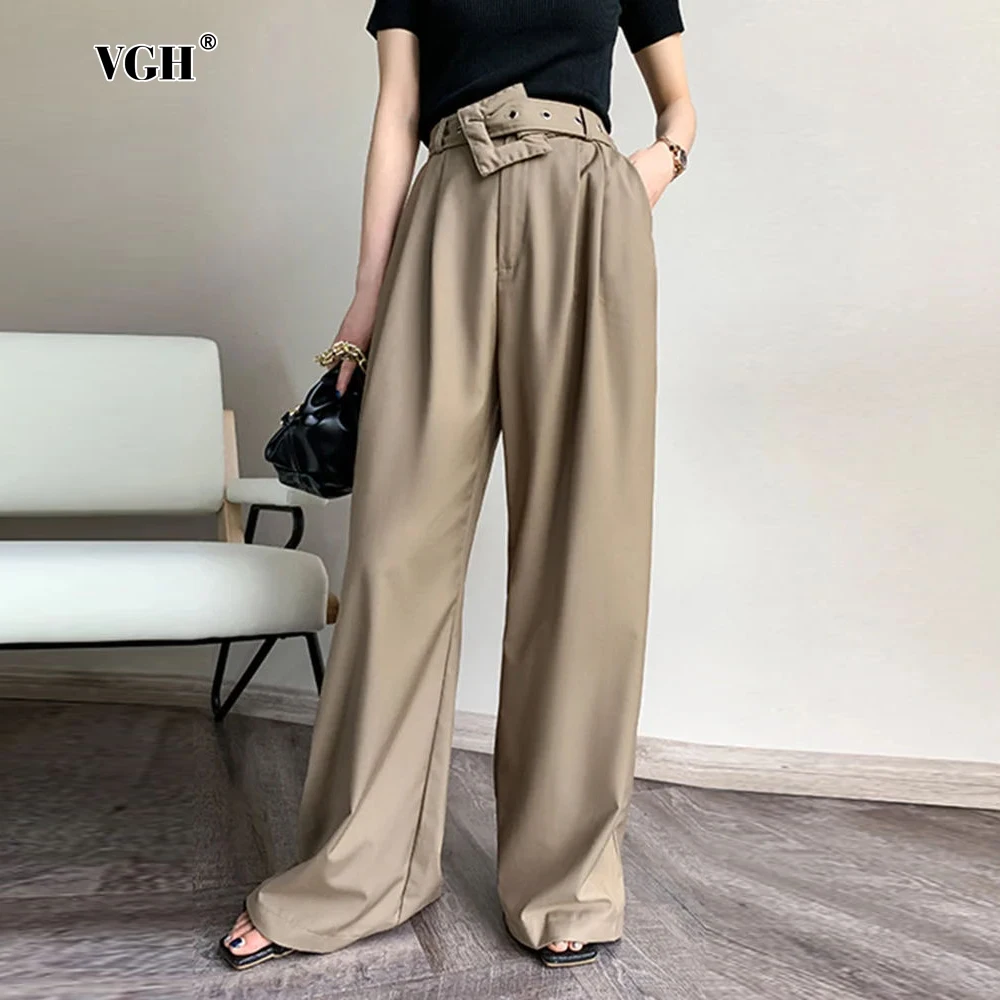

VGH Casual Soild Pants For Women High Waist Patchwork Belts Vintage Minimalists Loose Wide Leg Trousers Female Fashion Clothing