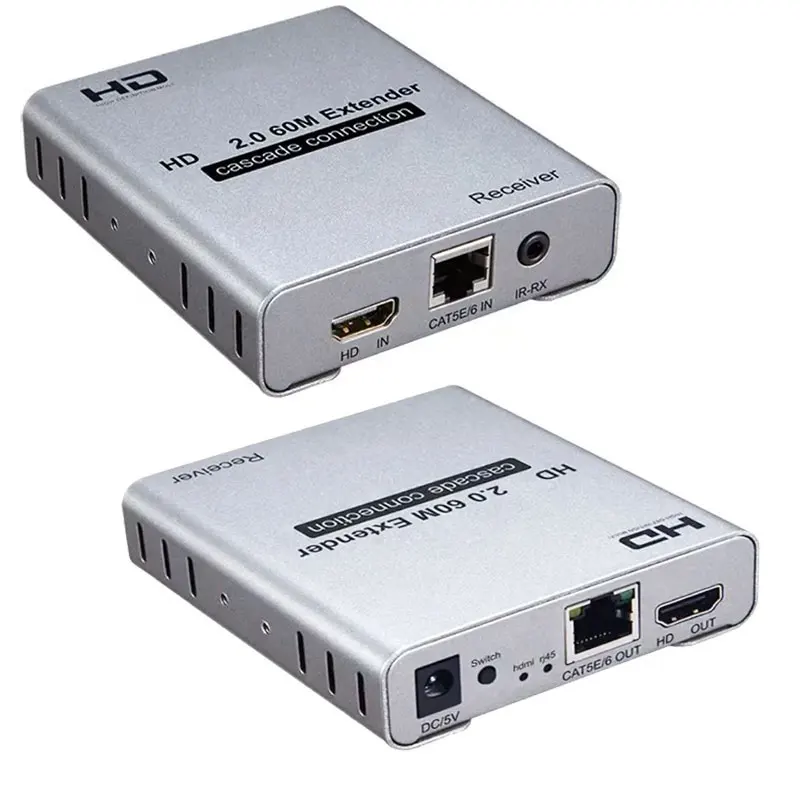 4K 60hz 60M محول منفذ إيثرنت مزدوج عبر كابل Rj45 Cat6 1 إلى 2 HDMI متوافق مع جهاز ريسيفر استقبال وإرسال الفيديو اتصال متتالي