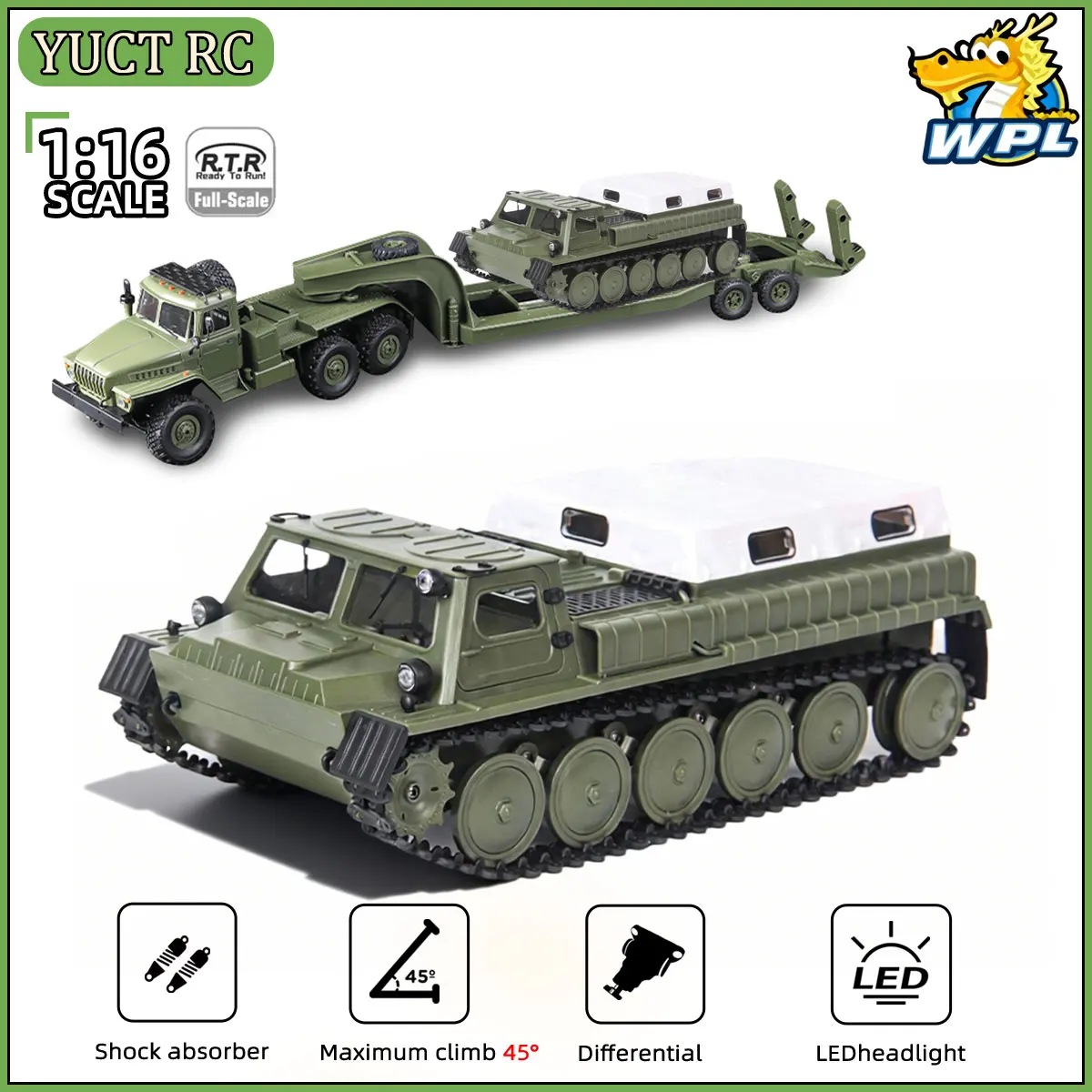 WPL E-1 1/16 Scale RC Tank Toy 2.4GHz 4WD Tracked Super Crawler Off-Road Vehicle Electric Remote Control Toy for Boys Kids