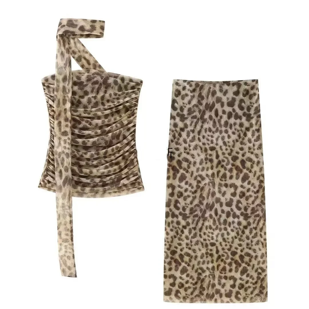 2024 Leopard Print Tub Top Long Skirt Suit Women Sleeveless Fold Tops Hip Package Ankle-length Skirts Summer New 2 Piece Sets