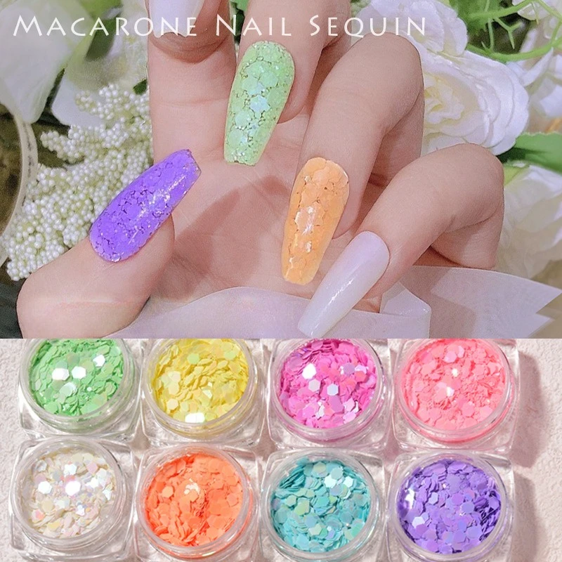 5Pcs Mixed Size Aurora Fluorescent Macaron Nail Sequins Candy Color Glitter Flakes For UV Gel Nail DIY Manicure Decor Set