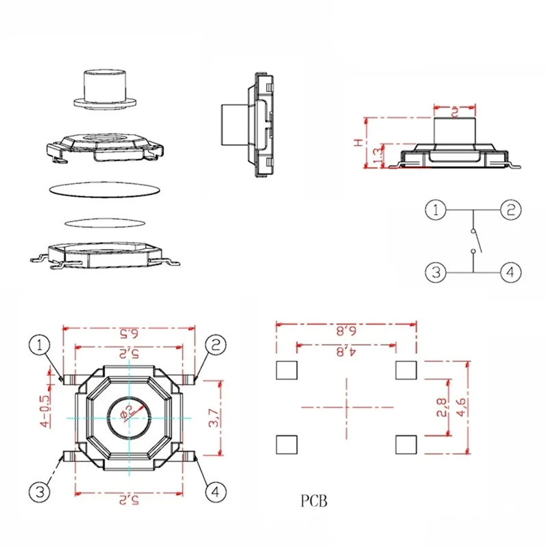

4000 шт. 4x4x1,6 мм SMD тактильный тактовый кнопочный микропереключатель 4x4x1,6 мм кнопка с медной головкой клавиши 4Pin-A86Z