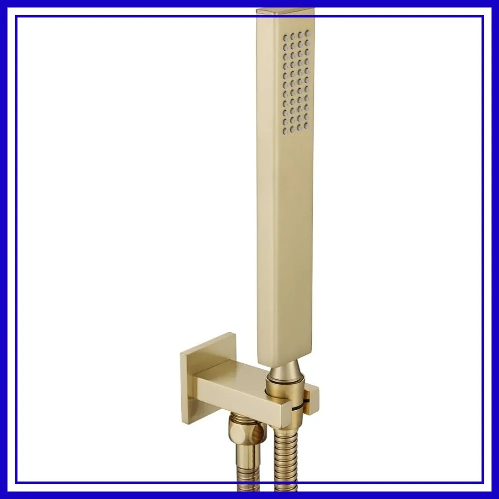 

Square Solid Brass Brushed Gold Hand Held Shower Head with Wall Connector and Hose Set