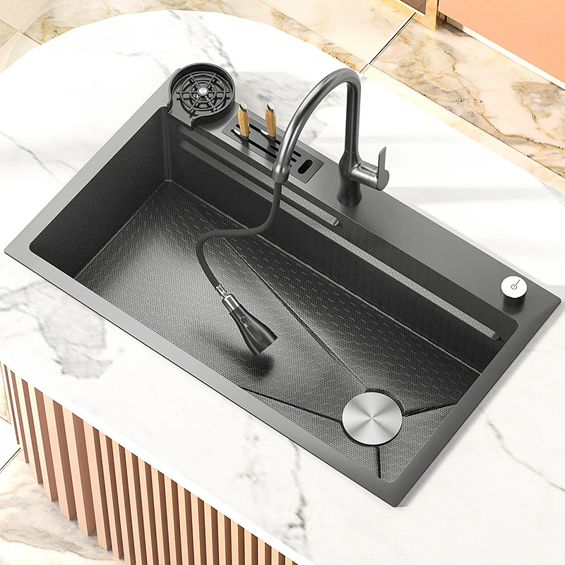 Waterfall Kitchen Sink Stainless Steel With Knife Holder Large Single Bowl Wash Basin Household Dishwasher Kitchen Accessories