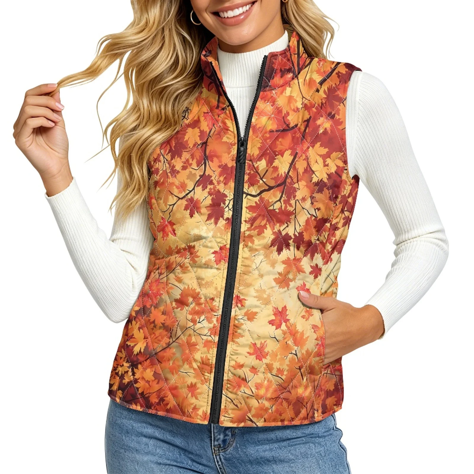 PENSTROLL Maple Leaf Dog Walking Vest Women with Pockets Outwear Jacket Coat Quilted Jacket Vest for Women for Work Fall