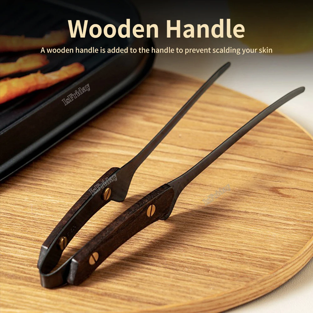 24cm/9.4in Camping Picnic BBQ Tongs 304 Stainless Steel Barbecue Grill Tongs Clip Heat Insulation Wooden Handle Cook Tong