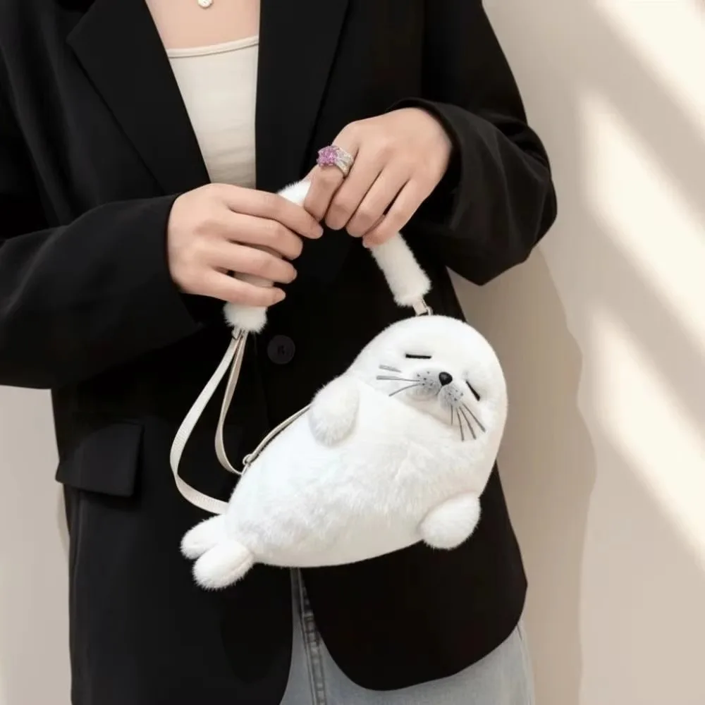 Soft Fluffy Cute Seal Shoulder Bag Lightweight Cartoon Crossbody Bag Plush Fabric Adjustable Straps Phone Bag