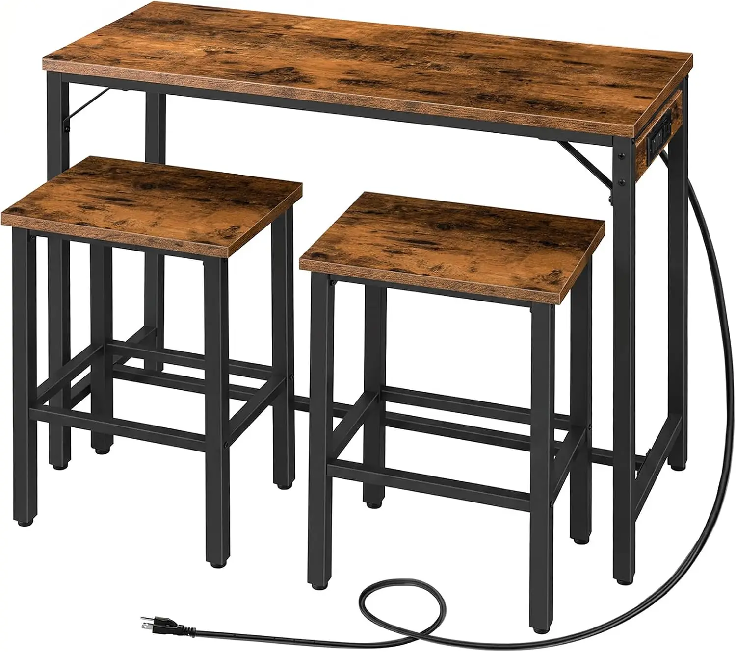 3 Piece Pub Dining Set 394 Inch Bar Table Power Outlet Two Stools Space Saving Kitchen Living Room Rustic Brown