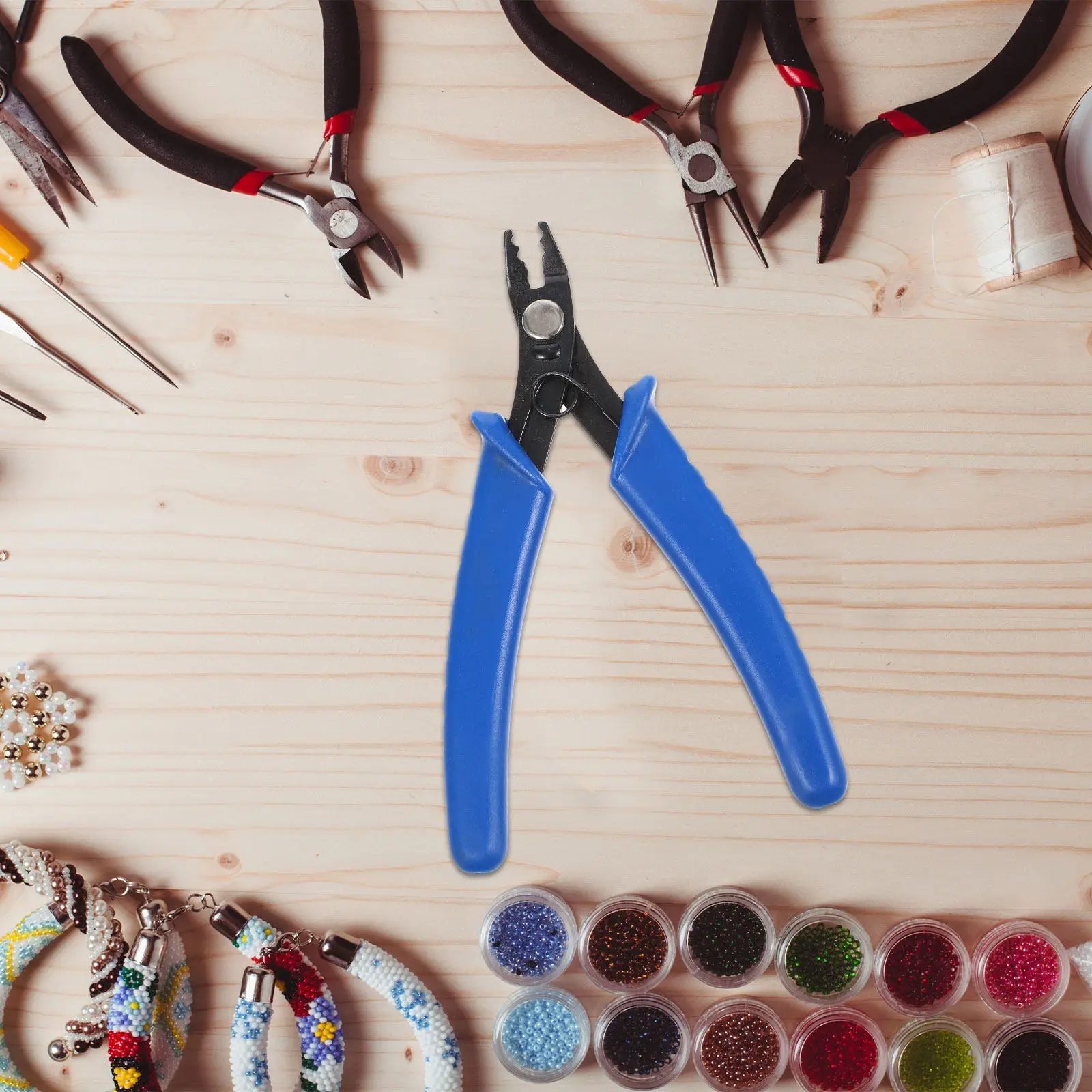 Blue Handle Carbon Steel Bead Crimping Pliers Jewelry Making Tool Semi Internal Spring for Crimp Beads Fold Over Ends Pinch