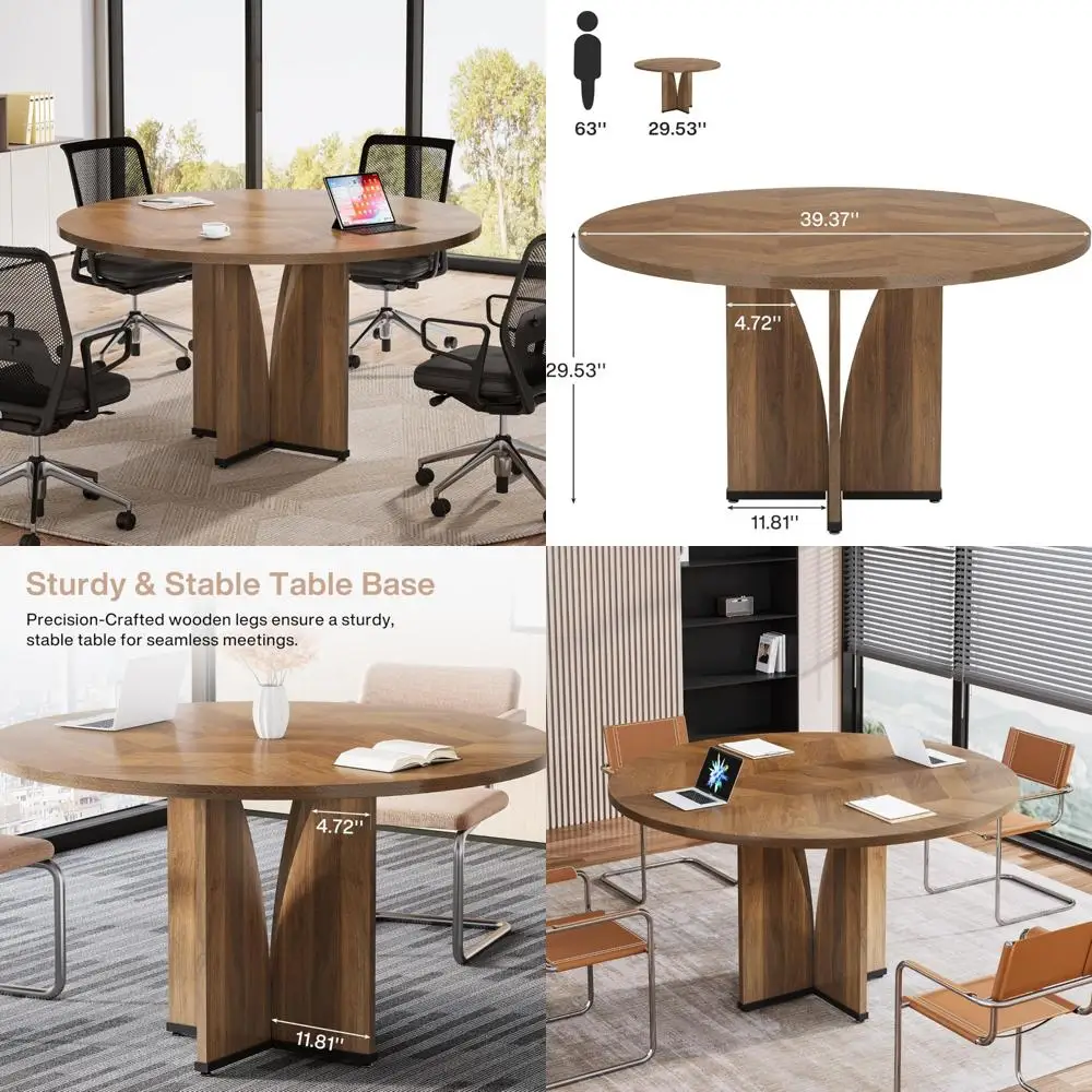 طاولة اجتماعات مستديرة حديثة لـ 4 أشخاص، طاولة غرفة اجتماعات مدمجة بقاعدة قوية، مثالية للمساحات الصغيرة