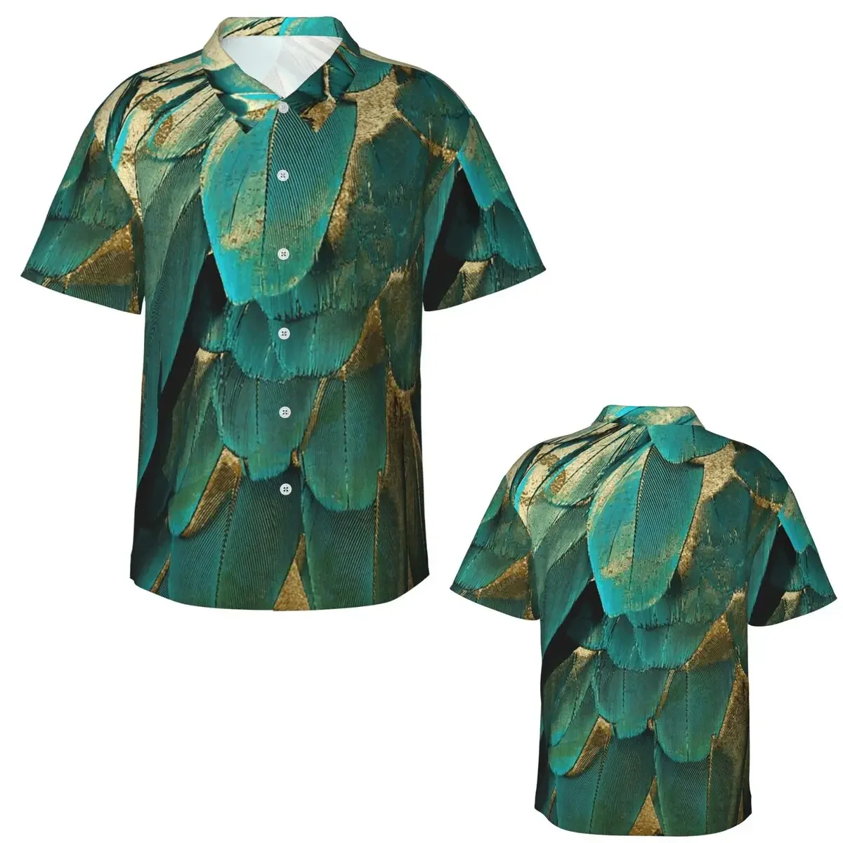 Feather Glitter Teal And Gold Hawaiian Shirts Funny Men Short Sleeve Shirt for Summer Beach Men's Lapel Tops