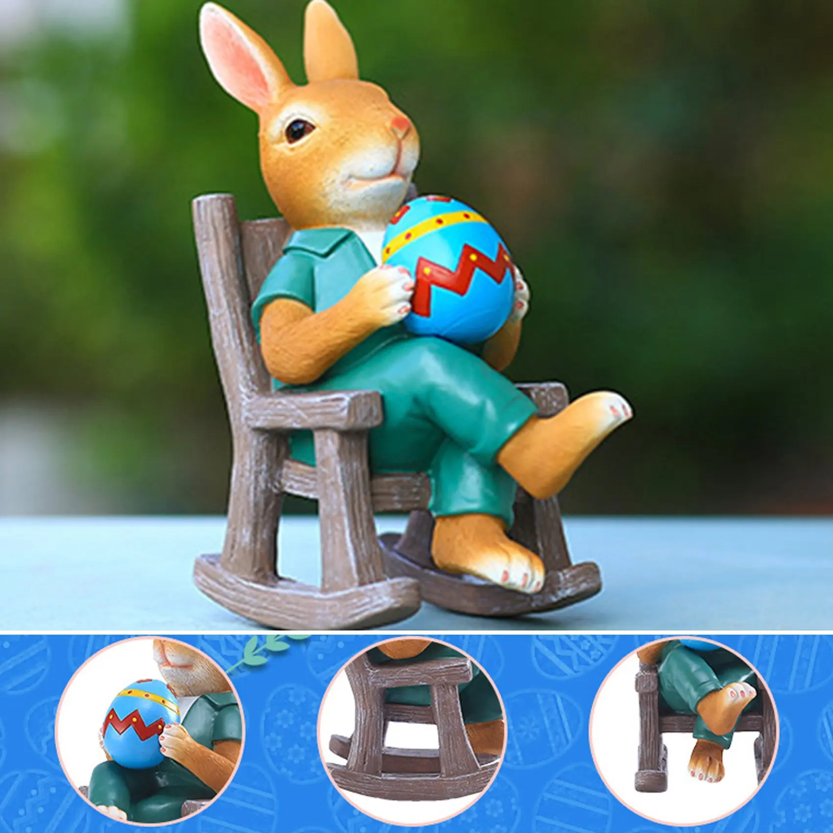 

【ALLOWANCE】Easter Bunny Statue Resin Figurine Handmade With Egg In Rocking Chair Figurine Ornaments For Garden Home Decor