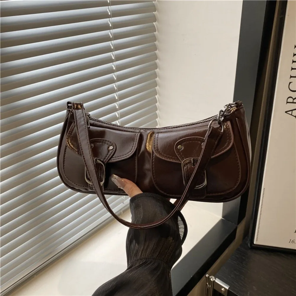 

Шикарная винтажная женская сумка подмышки Y2k для отдыха, сумка через плечо из искусственной кожи с двойными карманами, сумка на молнии в стиле Харадзюку, дорожная сумка