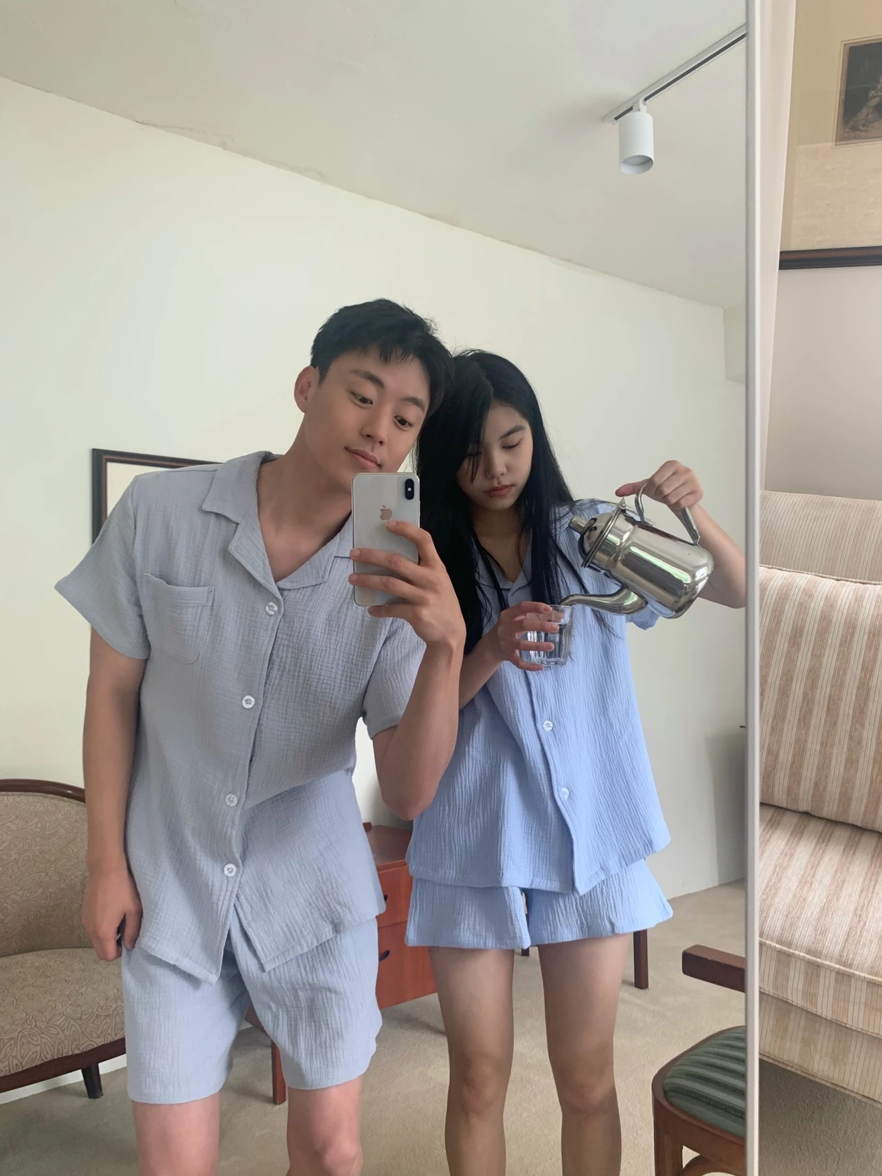 

Moment Future Summer Pajamas Japanese Simple Korean Comfortable Men's and Women's Household Clothing Couple Pajamas Cr