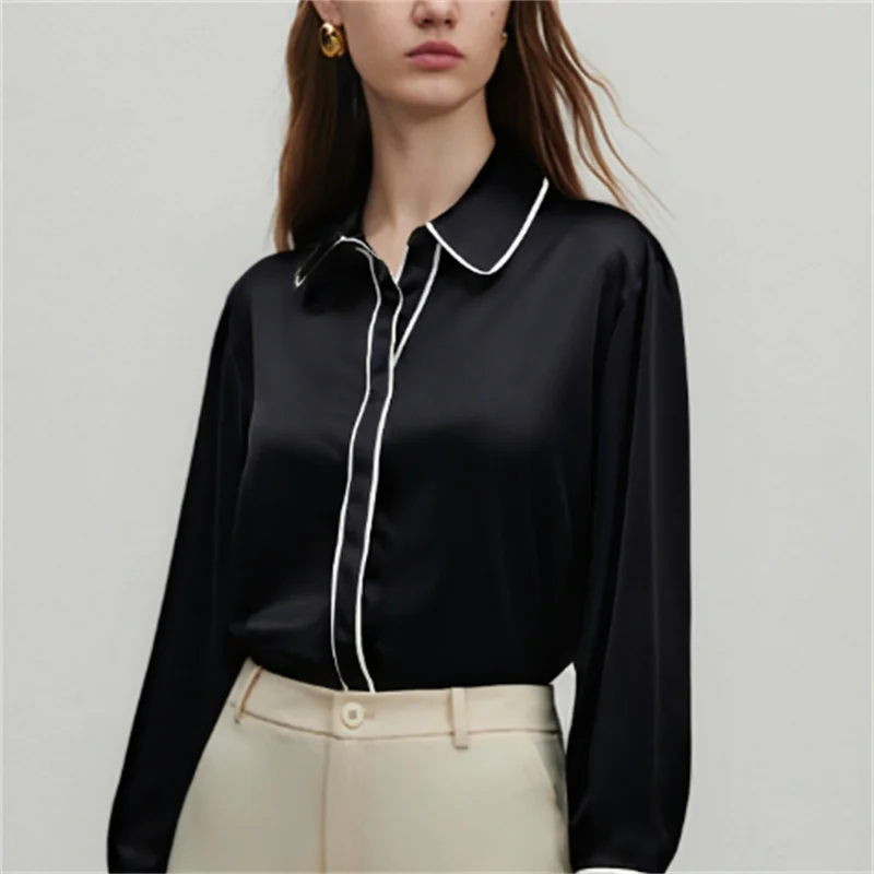

Fall 2025 Fashion Trend: Sexy Women's Silk Satin Blouse with Color-Blocking Trim and Loose Fit