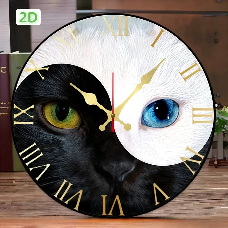 Yin-Yang Cat Wooden Round Silent Hanging Wall Clock, Suitable For Living Room, Office, Study Room, Bedroom, Home Decoration.