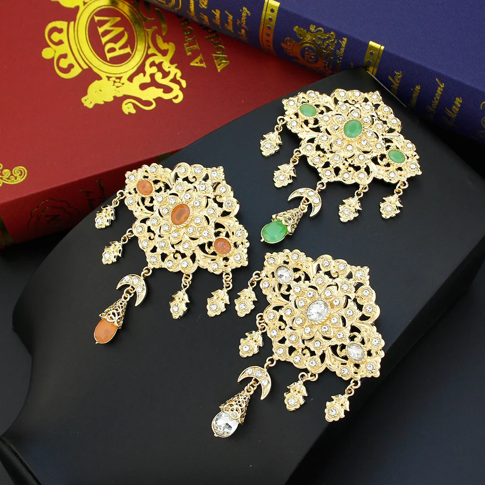 Sunspicems Elegent Crystal Women Brooch Morocco Jewelry Gold Color Arabic Caftan Hijab Brooch Pins Flower Bride Wedding Bijoux