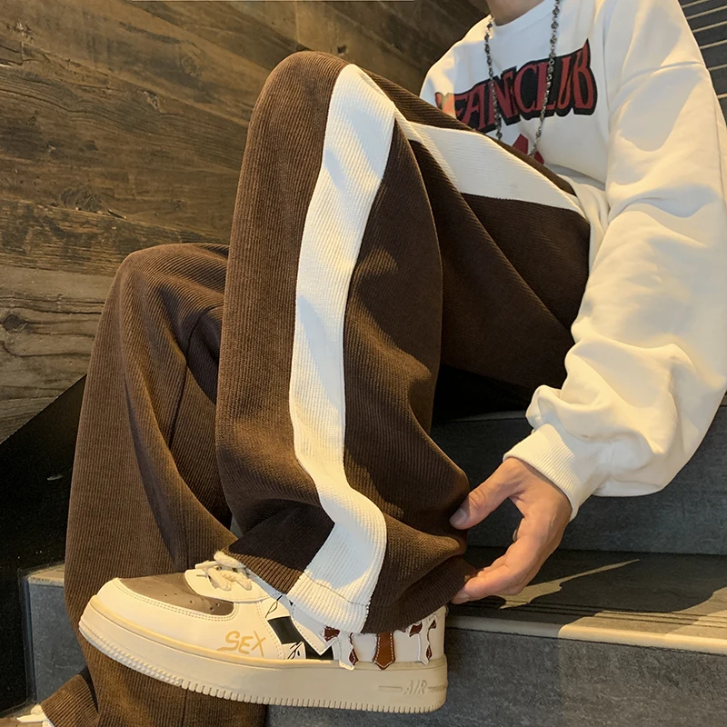 

Мужские зимние утепленные вельветовые брюки с флисовой подкладкой, американские ретро-спортивные брюки прямого кроя, повседневные свободные длинные брюки