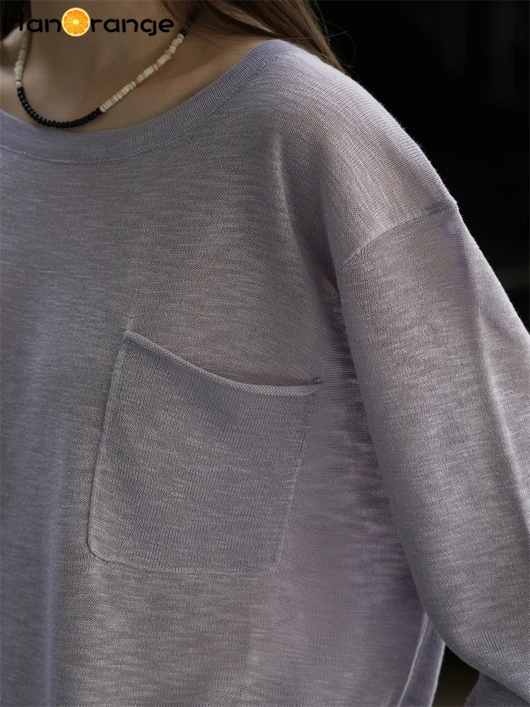 HanOrange 2025 début automne paresseux relaxant col rond tricoté pull femmes Silhouette décontracté haut en tricot gris/violet