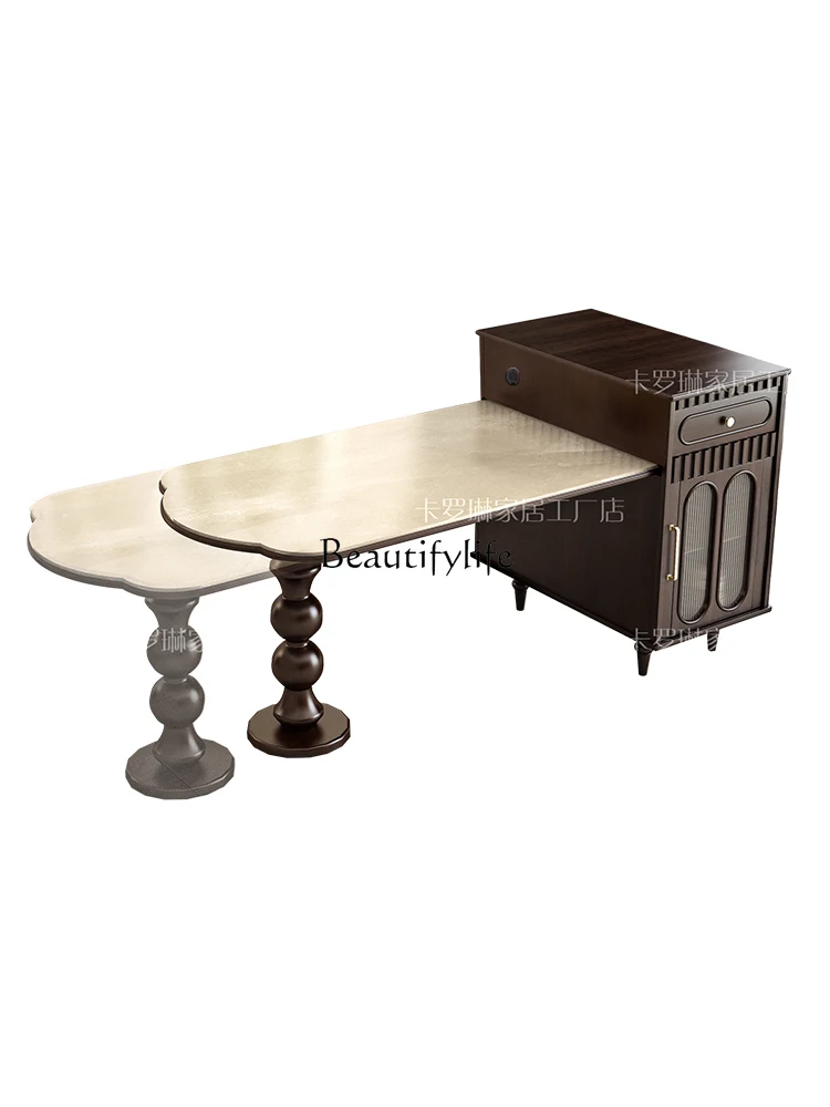 

Light Luxury Stone Plate Kitchen Island Dining Table Integrated Solid Wood Retractable Guide Table