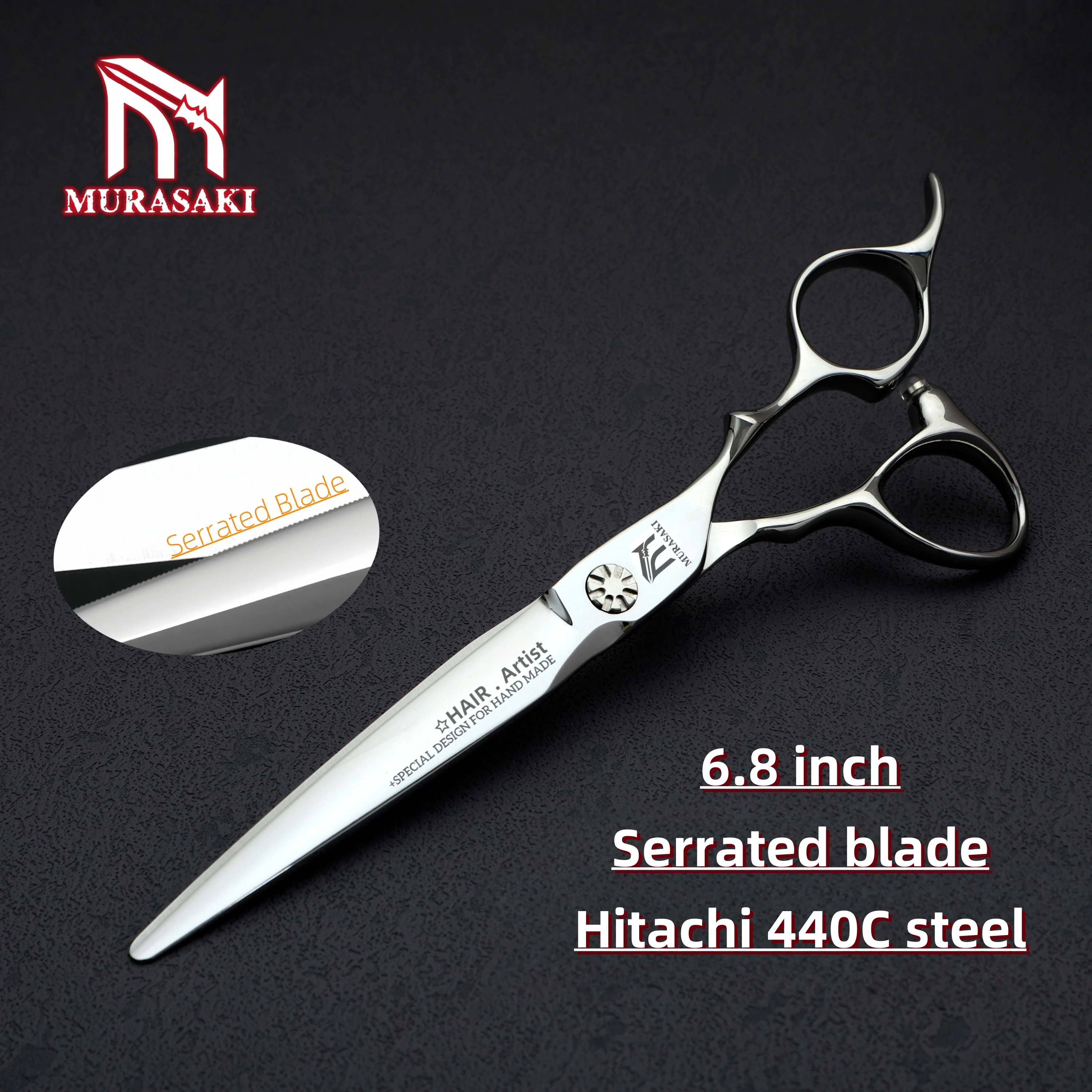 MURASAKI Professional Barber Scissors, 6.5-6.8 Inches Serrated Blade Scissors, High Quality Japanese 440C Steel Hair Cutting Too