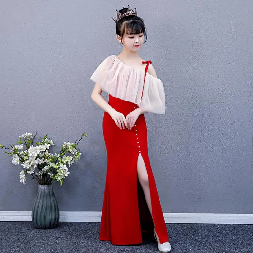 

High-end Sexy Mesh stitching red mermaid evening dress Kids Catwalk princess dress birthday party dress for girls vestidos Y3479