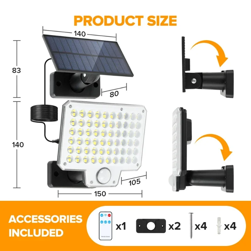 أضواء الطاقة الشمسية في الهواء الطلق 240 LED 3 طرق استشعار الحركة الأضواء الكاشفة مع جهاز التحكم عن بعد IP65 أضواء الطاقة الشمسية الأمنية للضوء الجدار الخارجي