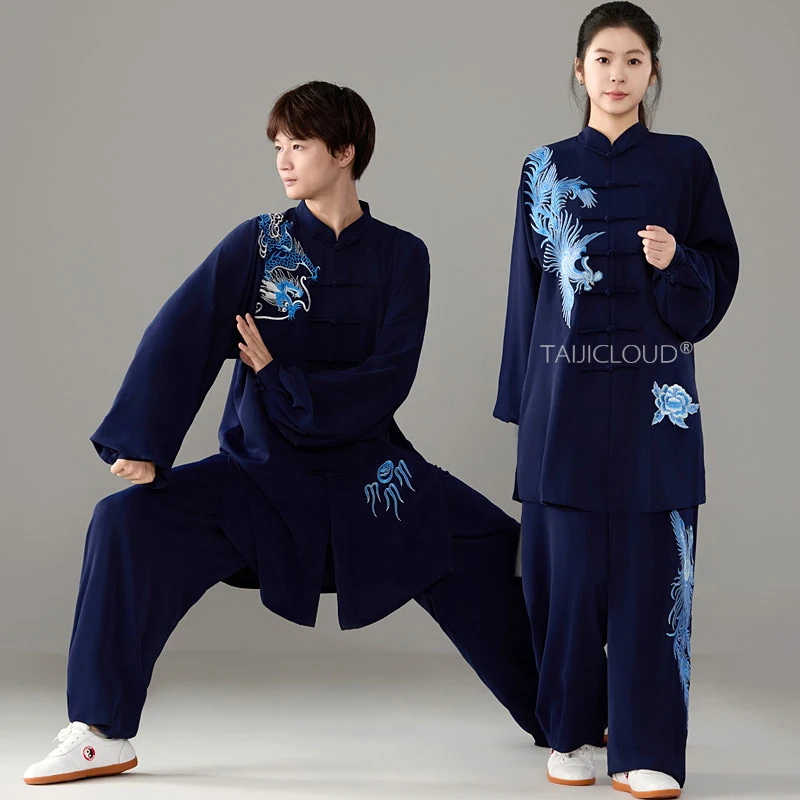

Tai Chi Kung Fu Suit Set Pearl Silk Navy Blue Phoenix/Dragon Embroidery for Baduanjin Qigong Training Spring Autumn Women Men